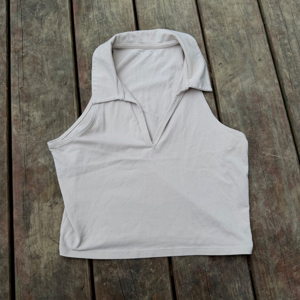 Abercrombie & Fitch Soft Essentials Sleeveless Polo Crop Top Beige Tan Medium